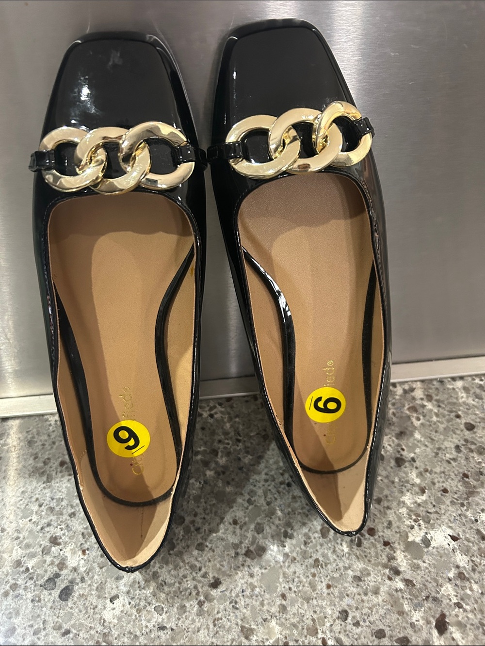 Patent Black Chain-Accent Ballet Flats